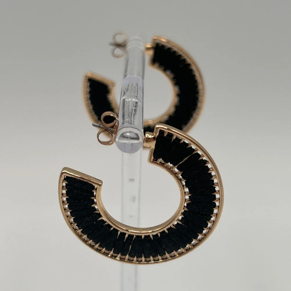 Gold Tone Black Thread Wrapped C Shape Hoop Earrings Post Back Bohemian Style